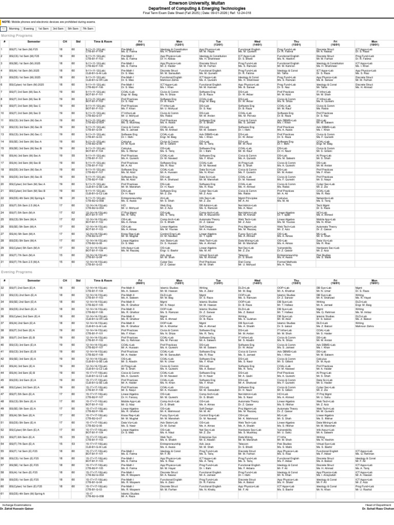 Final Term Exam Date Sheet Fall 2025 - BS Programs DCET Emerson ...