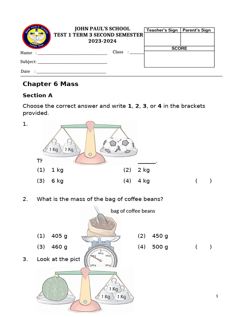 Math Paper Test CH 6 Mass | PDF | Mass | Chess Theory