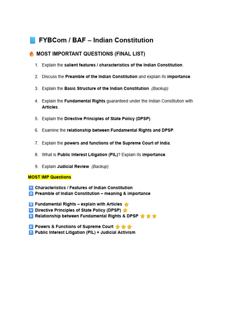MOST IMP Questions Indian Constitution | PDF | Social Policy | Governance
