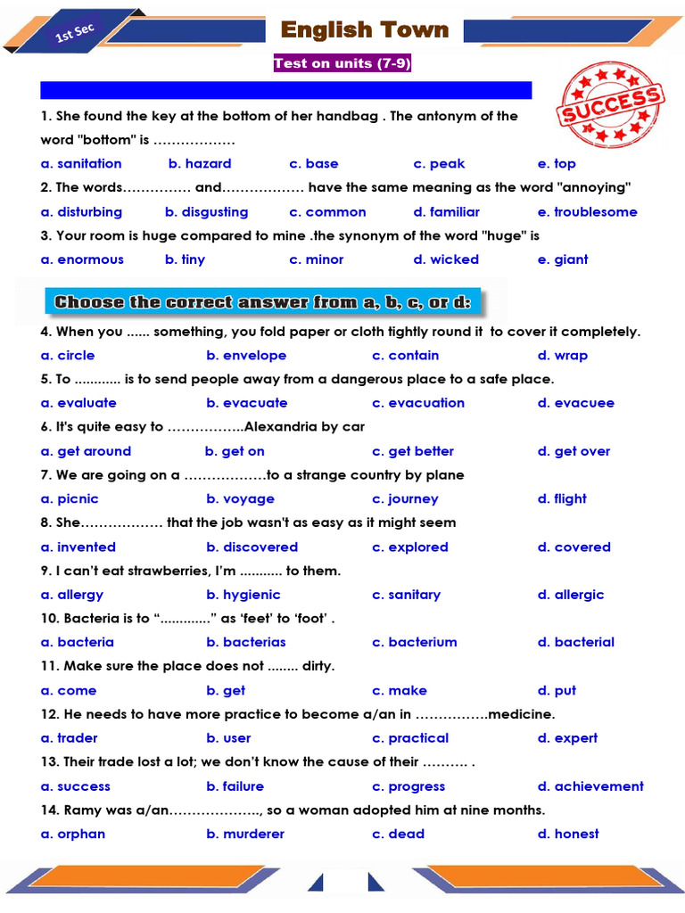 1st Sec. Test On Units (7-9) With Answers | PDF | Chess Theory