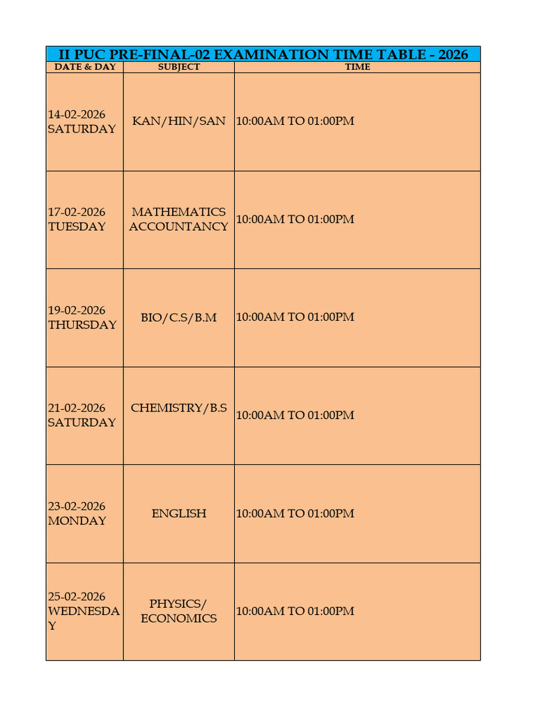 II Puc Pre-Final-02 Exam Time Table 2026 | PDF