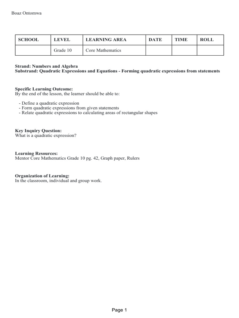 Core Mathematics Grade 10 | PDF | Factorization | Quadratic Equation