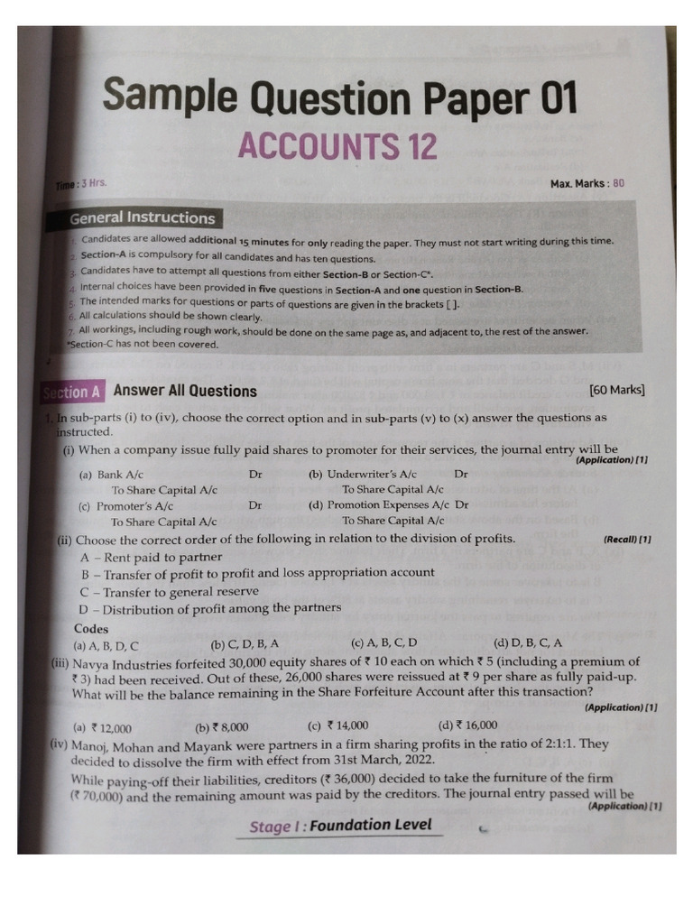Accounts Sample Paper - 1 | PDF