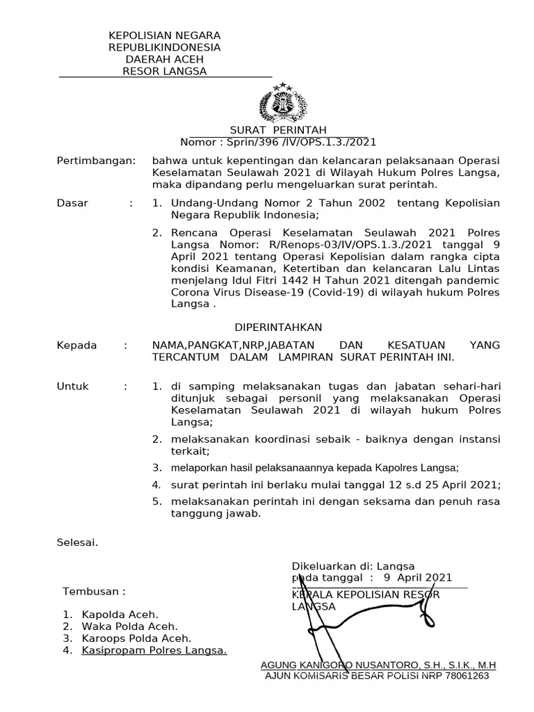 Sprin Operasi Keselamatan Tahun 2021 | PDF