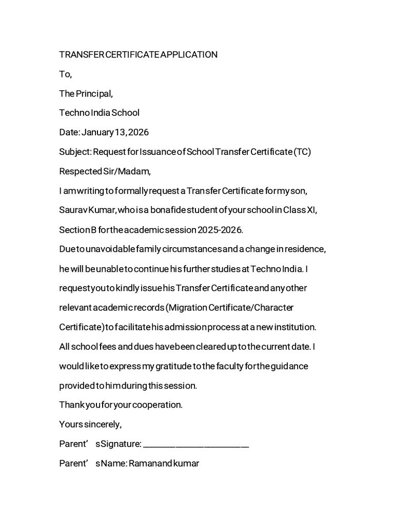 Transfer Certificate Applicati | PDF