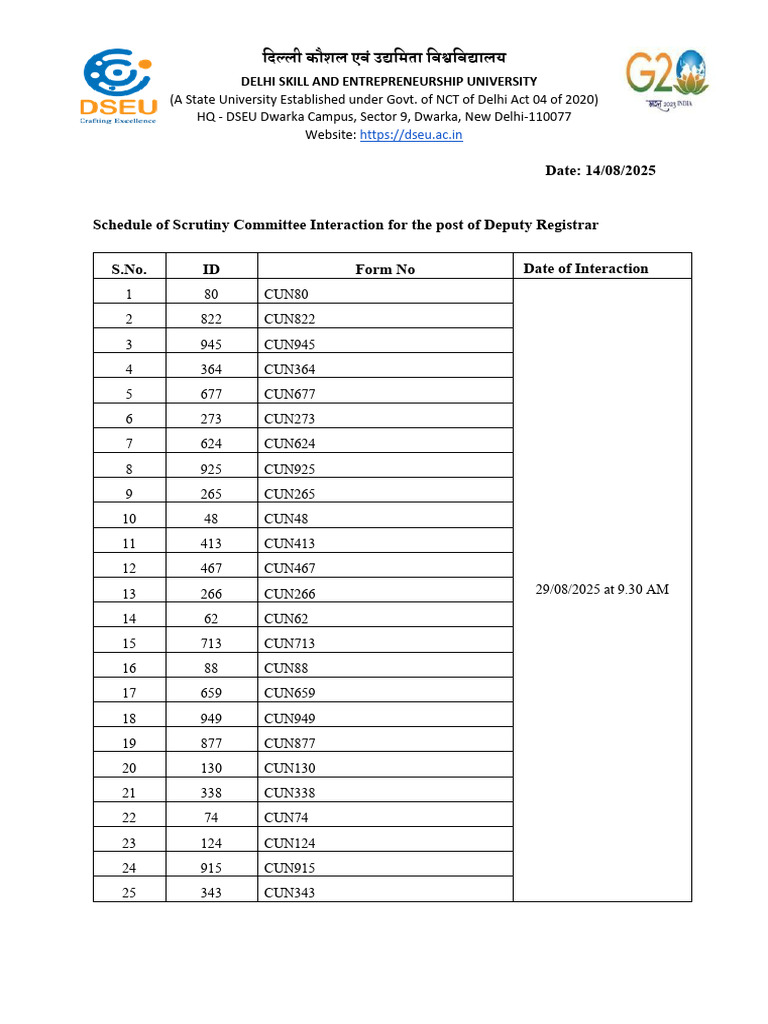 Schedule of Scrutiny Committee Interaction For Post of Deputy Registrar ...