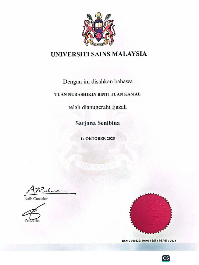 Tuan Nurashikin - Master Cert | PDF