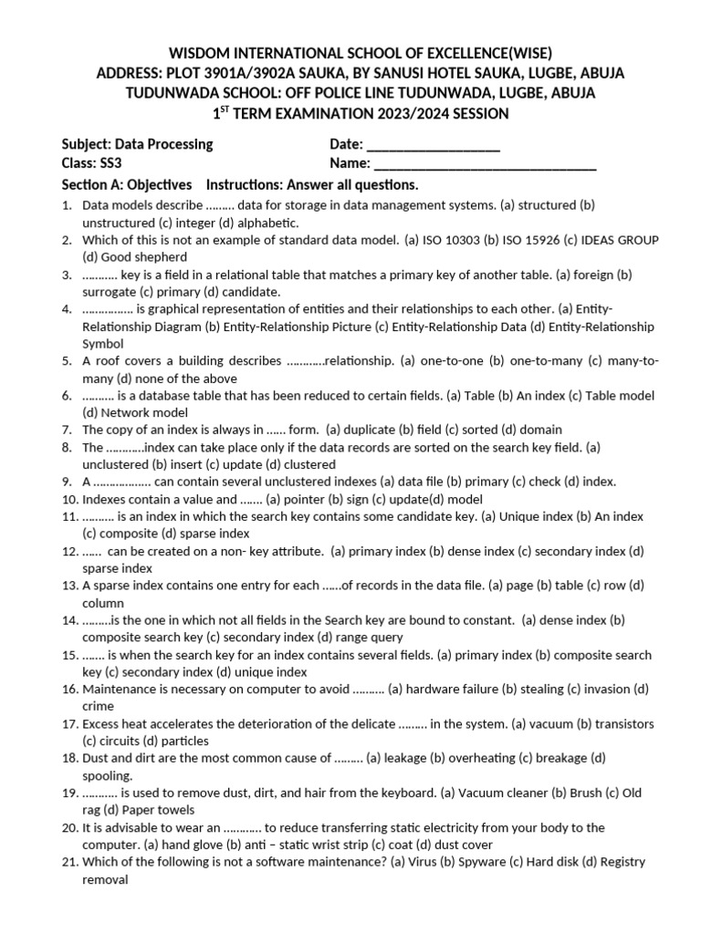 Data Processing Exam first term SS3 | PDF | Database Index | Databases