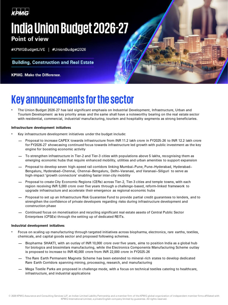 Building Construction and Real Estate Pov Union Budget 2026 27 | PDF ...