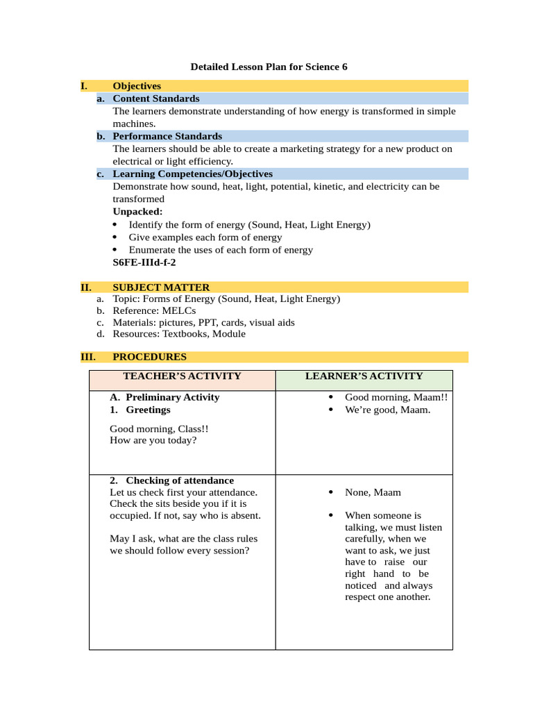 Detailed Lesson Plan For Science 6 | PDF | Light | Lesson Plan