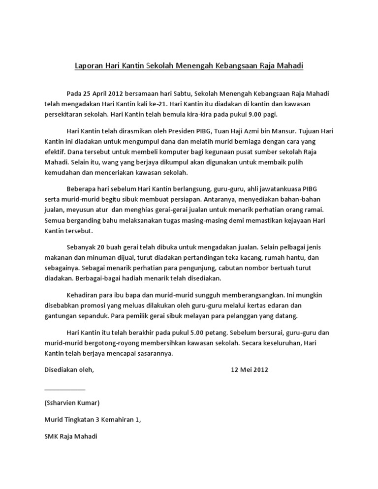 Laporan Hari Kantin Sekolah Menengah Kebangsaan Raja Mahadi