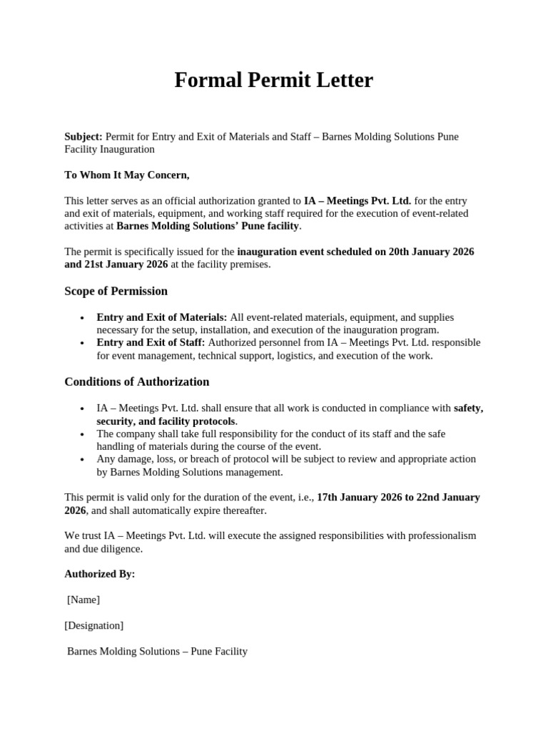 Formal Permit Letter | PDF