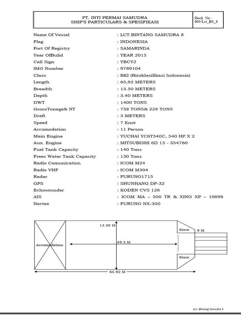 Dock 003 Ship's Particulars & Spesifikasi | PDF