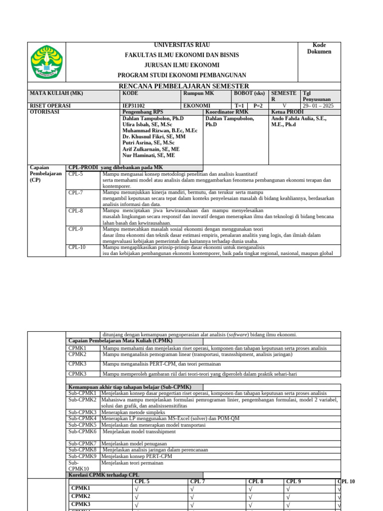 Rps Obe Riset Operasi Revisi 2025 | PDF