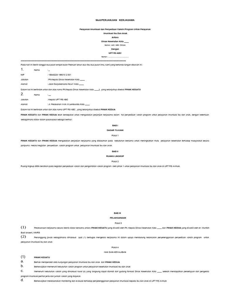 Contoh Draft MOU Dinkes Dan UPT RS ABC | PDF