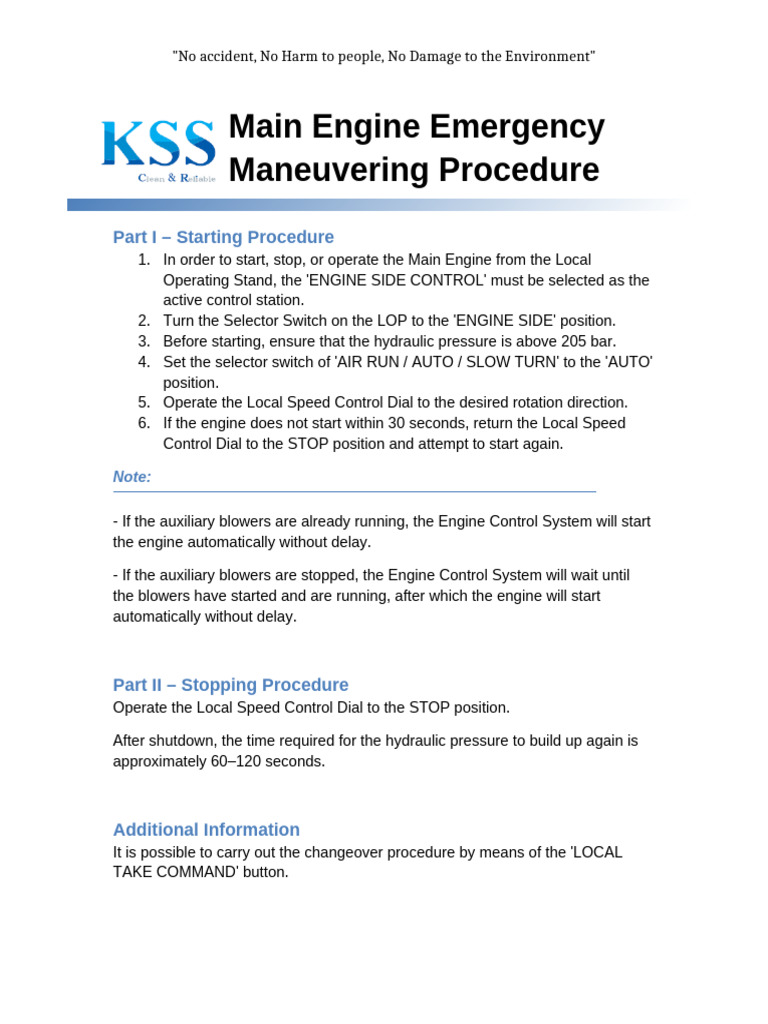 Main Engine Emergency Manoeuvring Procedure | PDF
