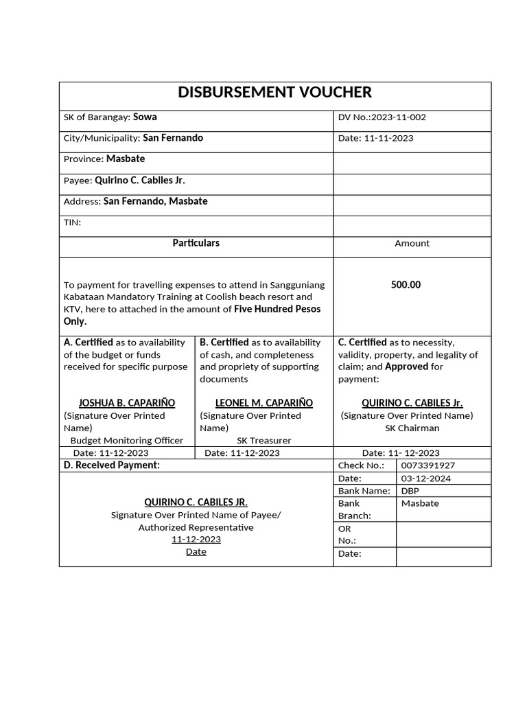 Disbursement Voucher Tev 01 | PDF | Payments | Money