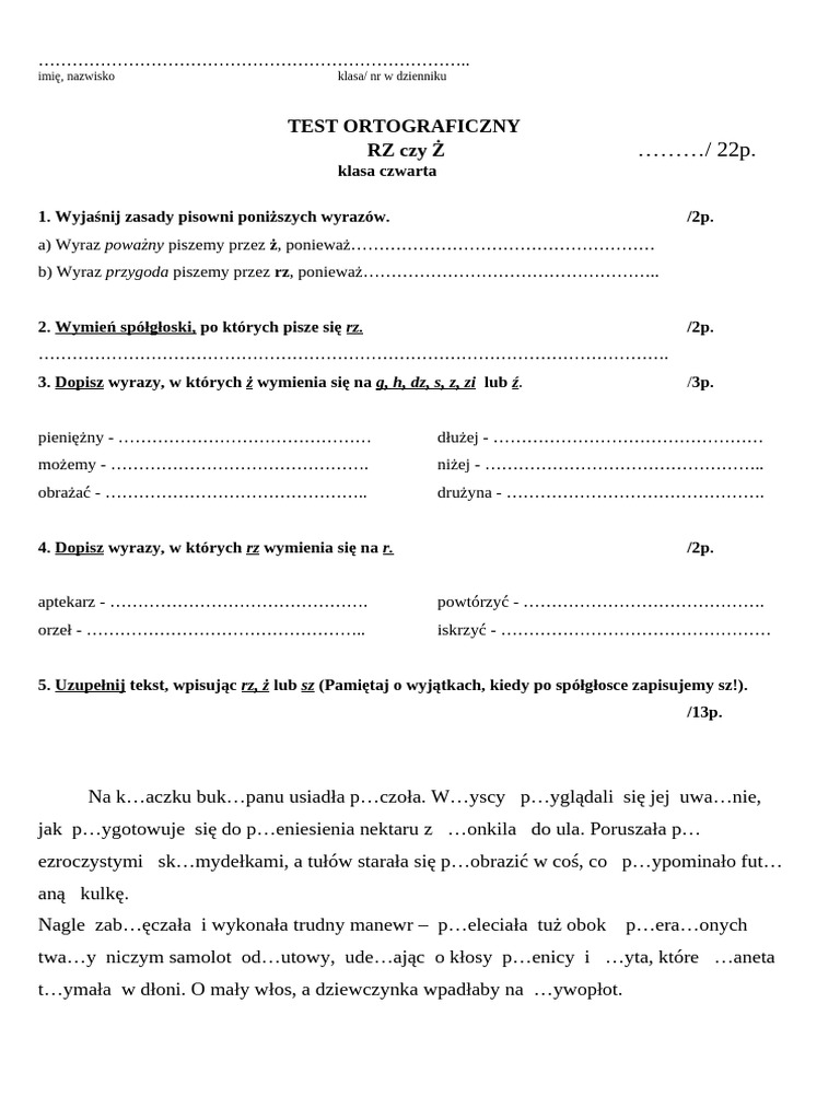 Test Ortograficzny RZ I Ż | PDF