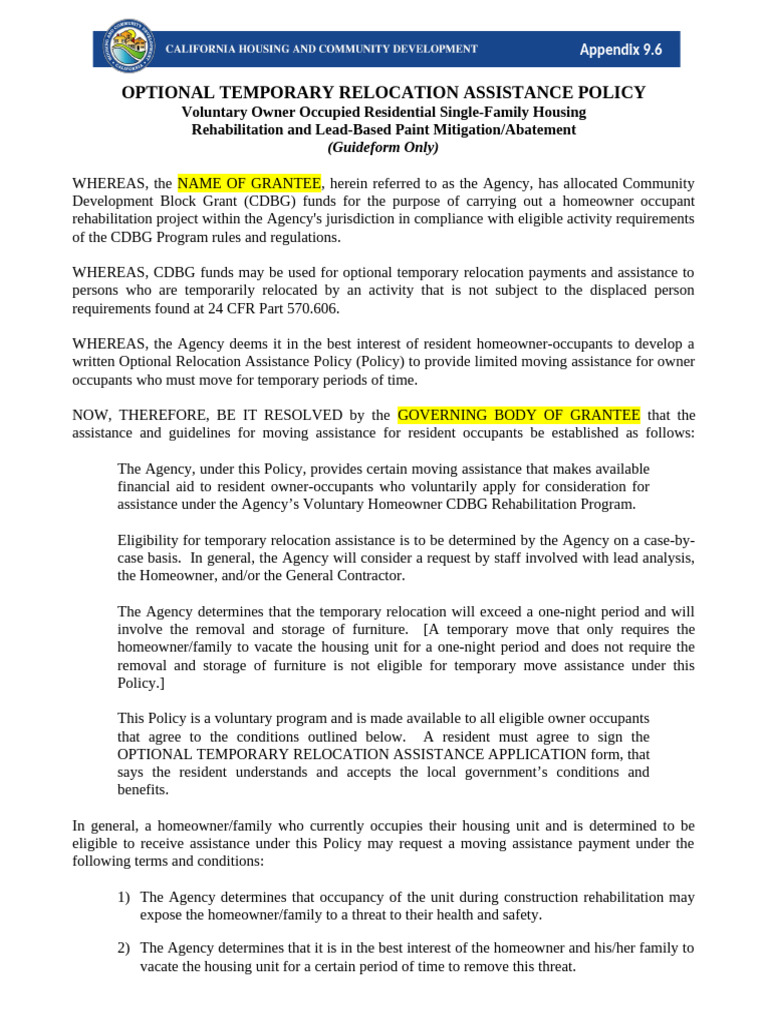 9.06 Optional Temporary Relocation Assistance Policy and Application ...