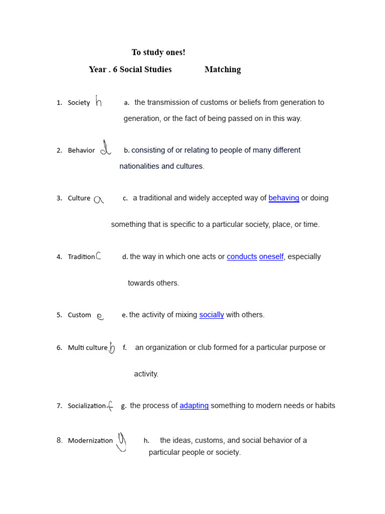 To Study Ones! Year - 6 Social Studies Matching | PDF