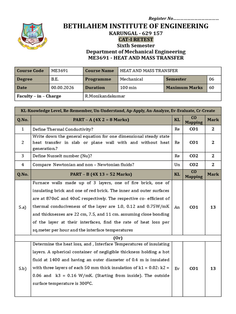 HMT CAT - 1 2026 - Retest | PDF | Heat Transfer | Thermal Insulation