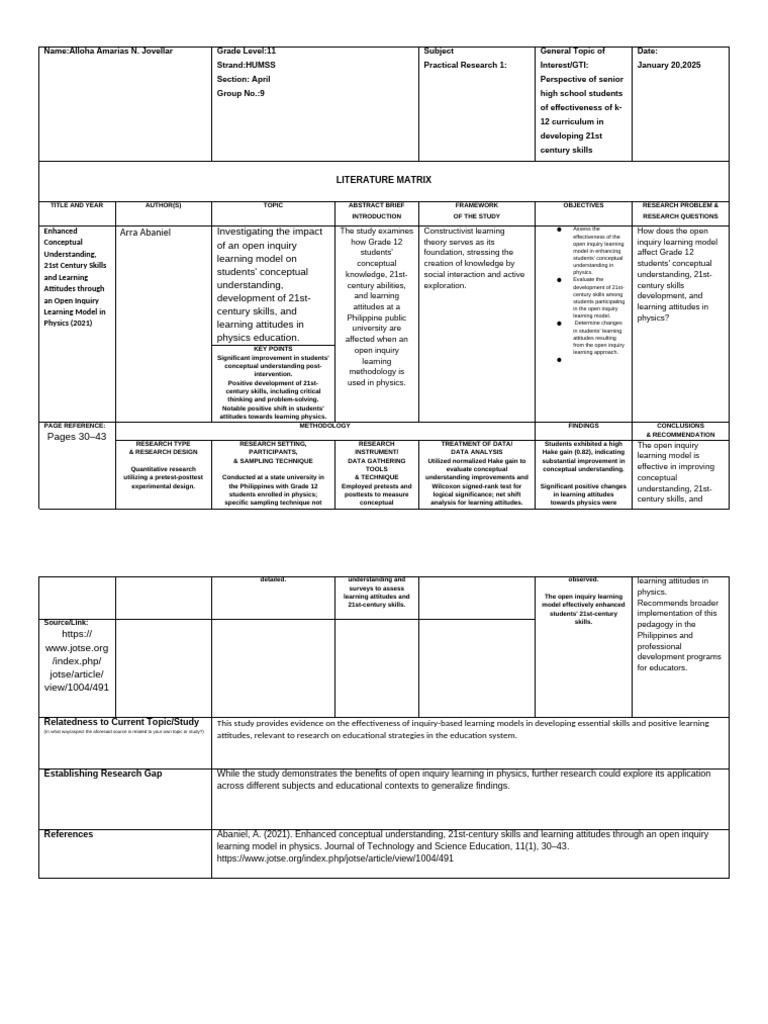 2nd Source - Literature Matrix JOVELLAR | PDF | Inquiry Based Learning ...
