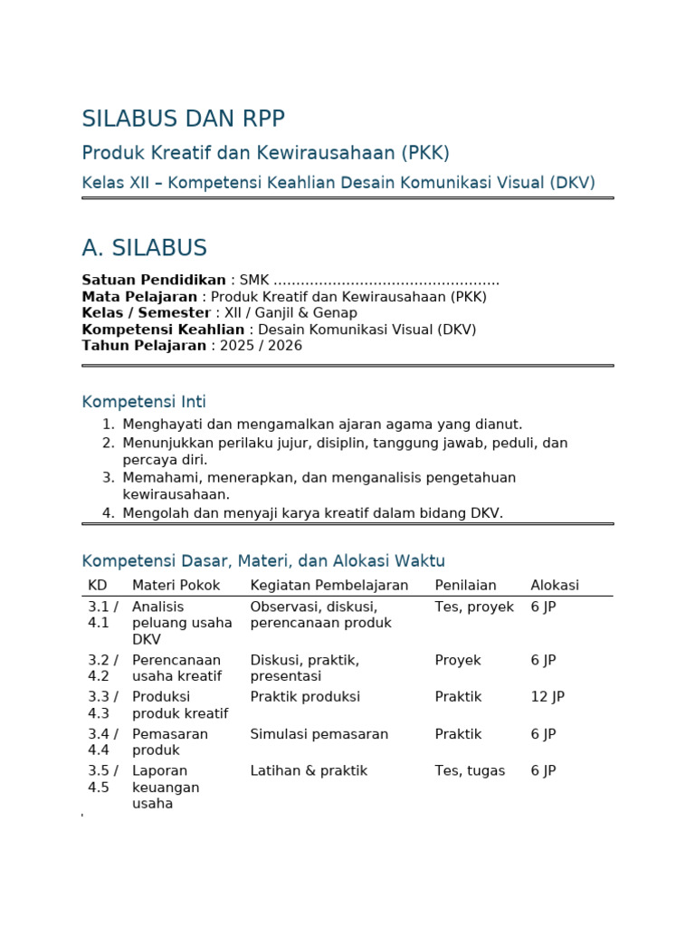 RPP Dan Silabus PKK Kelas Xii DKV SMK | PDF