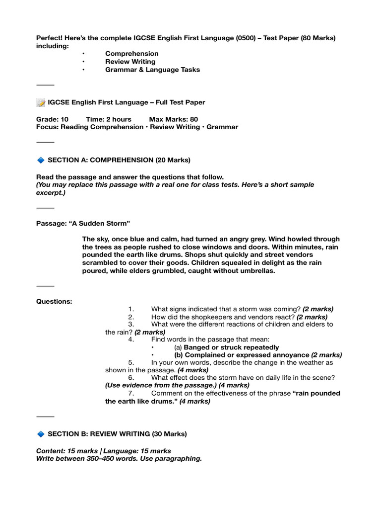 Perfect! Here's The Complete IGCSE English First Language (0500) - Test ...