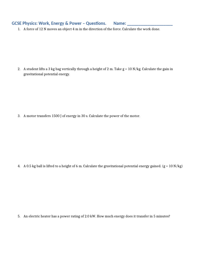 GCSE Work Energy Power Questions | PDF