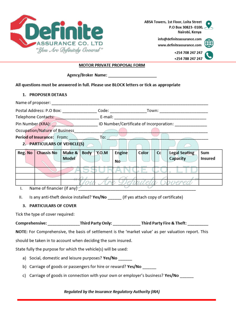 Motor Private Proposal Form | PDF