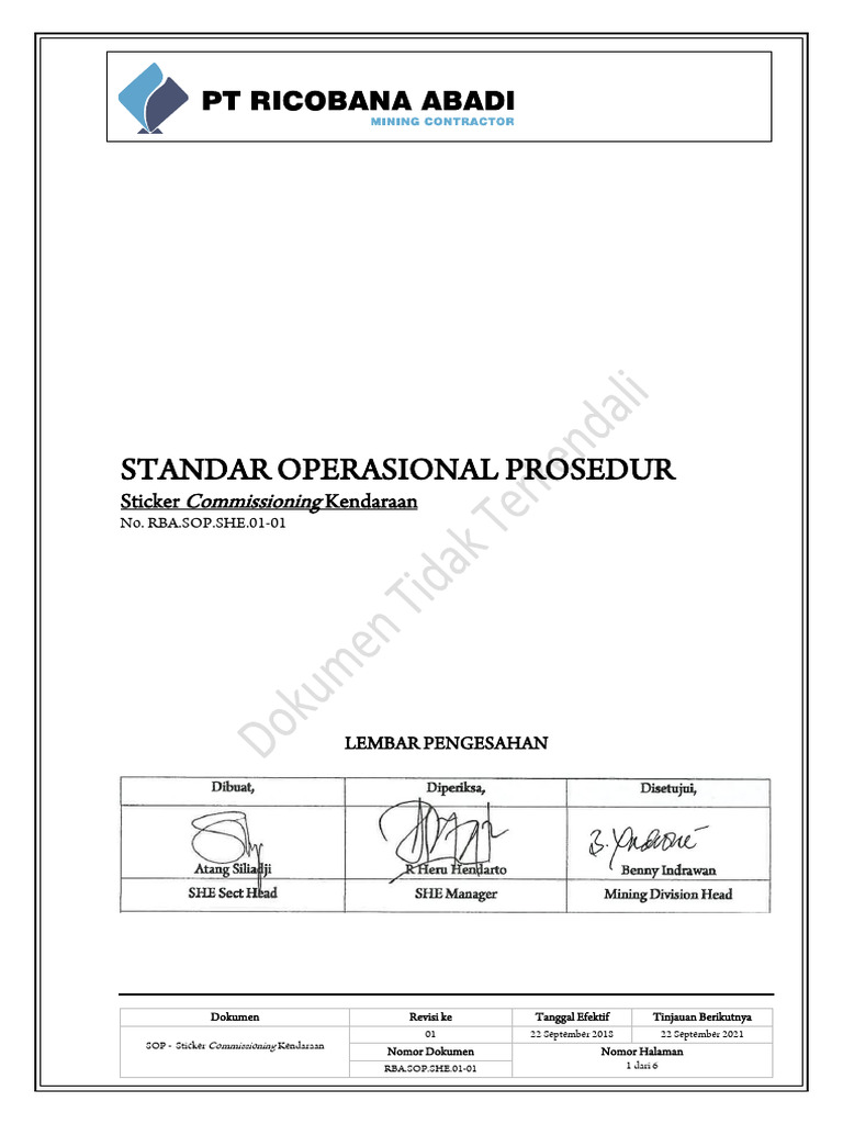 RBA - sop.SHE.01-01 A Sticker Commisioning Kendaraan - Unit | PDF