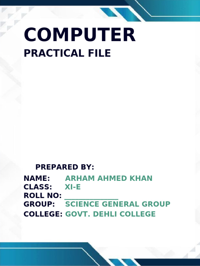 Arham Practical Cover Page | PDF | Spreadsheet | Computer Science