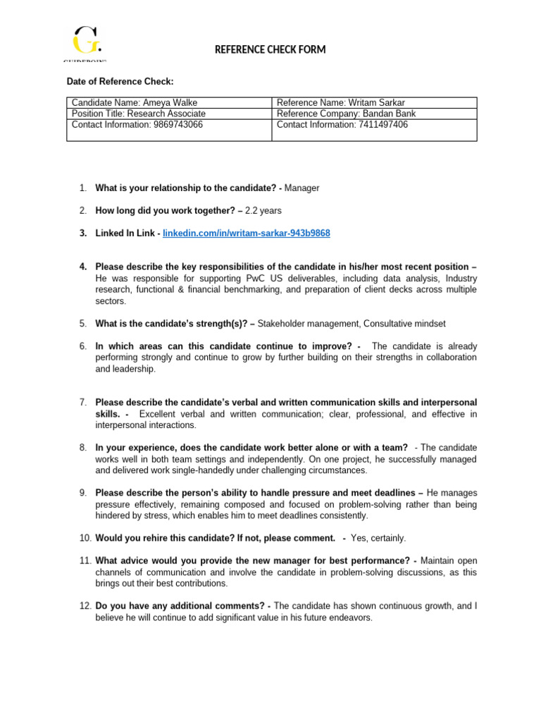 Reference Check Form - Ameya Walke | PDF