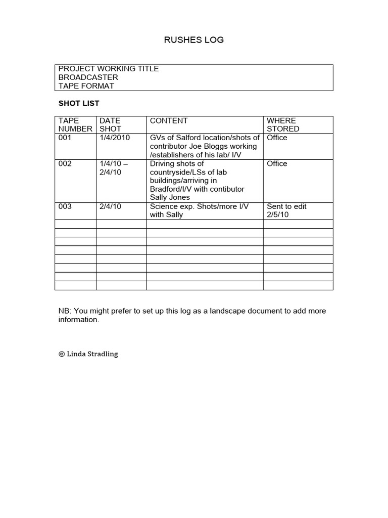 Rushes Log | PDF
