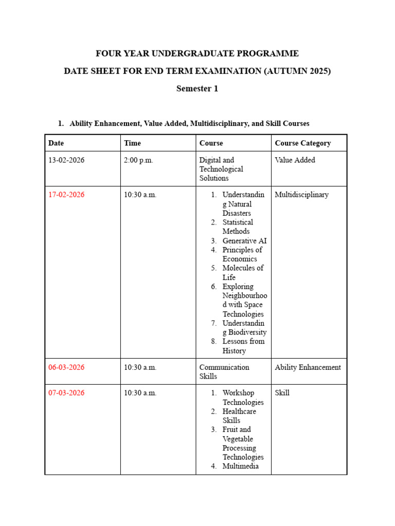 Updated Date Sheet 1st Sem | PDF