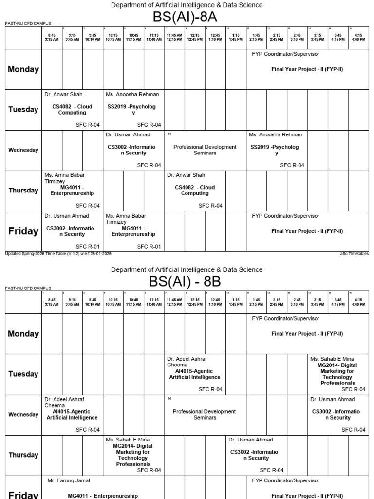 Batch Wise Timetable For Spring 2026 v.1.2 | PDF | Applied Mathematics ...