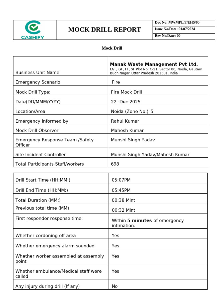 Mock Drill Report | PDF | Safety | Fires