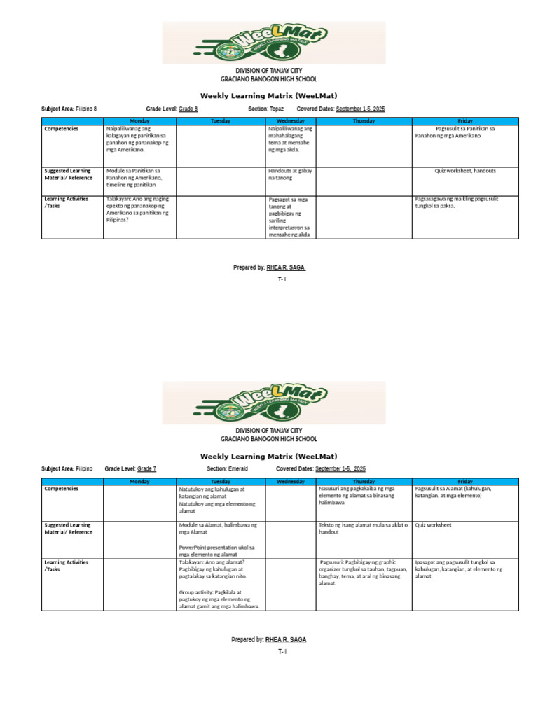 Weekly Learning Matrix (Weelmat) : Filipino 8: Grade 8: Topaz ...