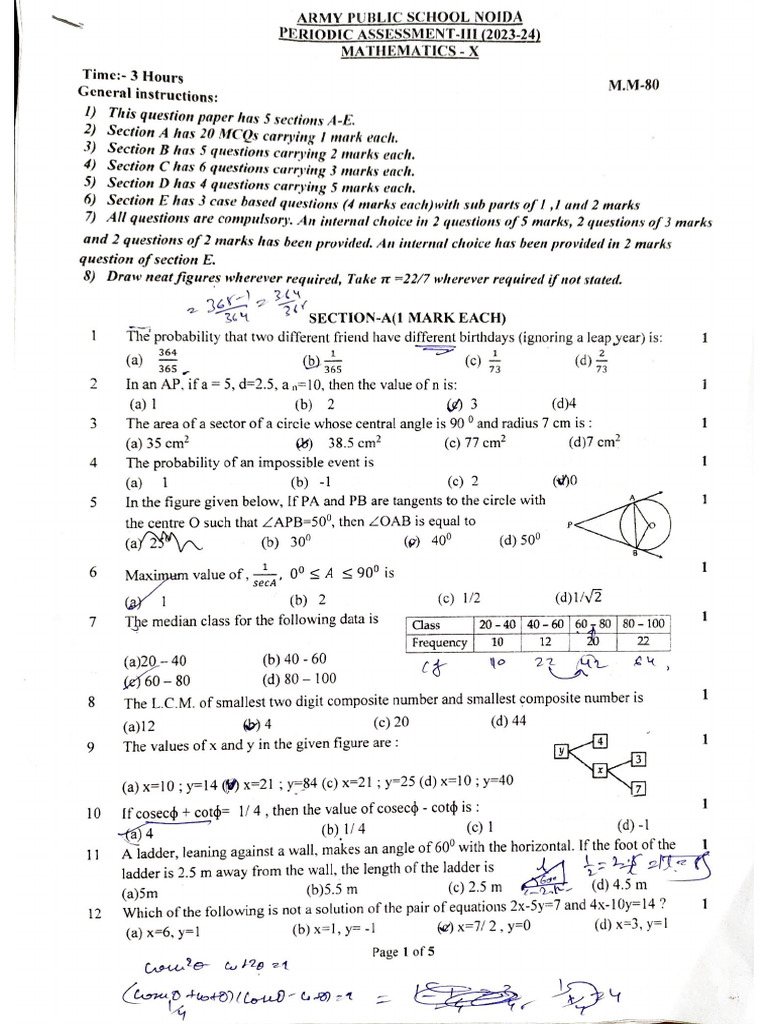 X Maths Pre Board (Army Public) 23-24 | PDF