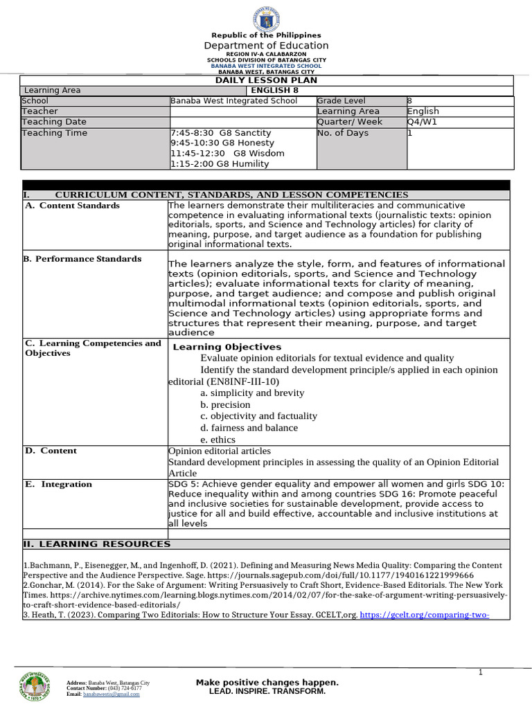 English 8 Lesson Plan Template | PDF | Learning | Human Communication