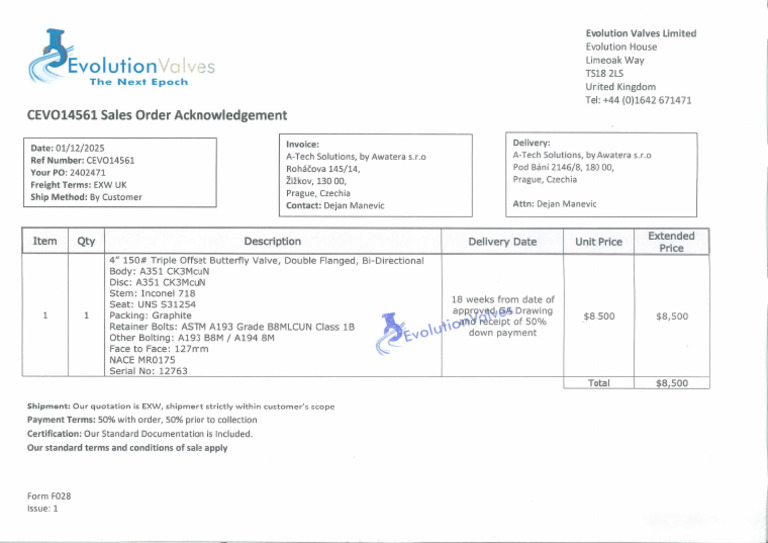 EVOLUTION CEVO14561 Sales Order Acknowledgement | PDF