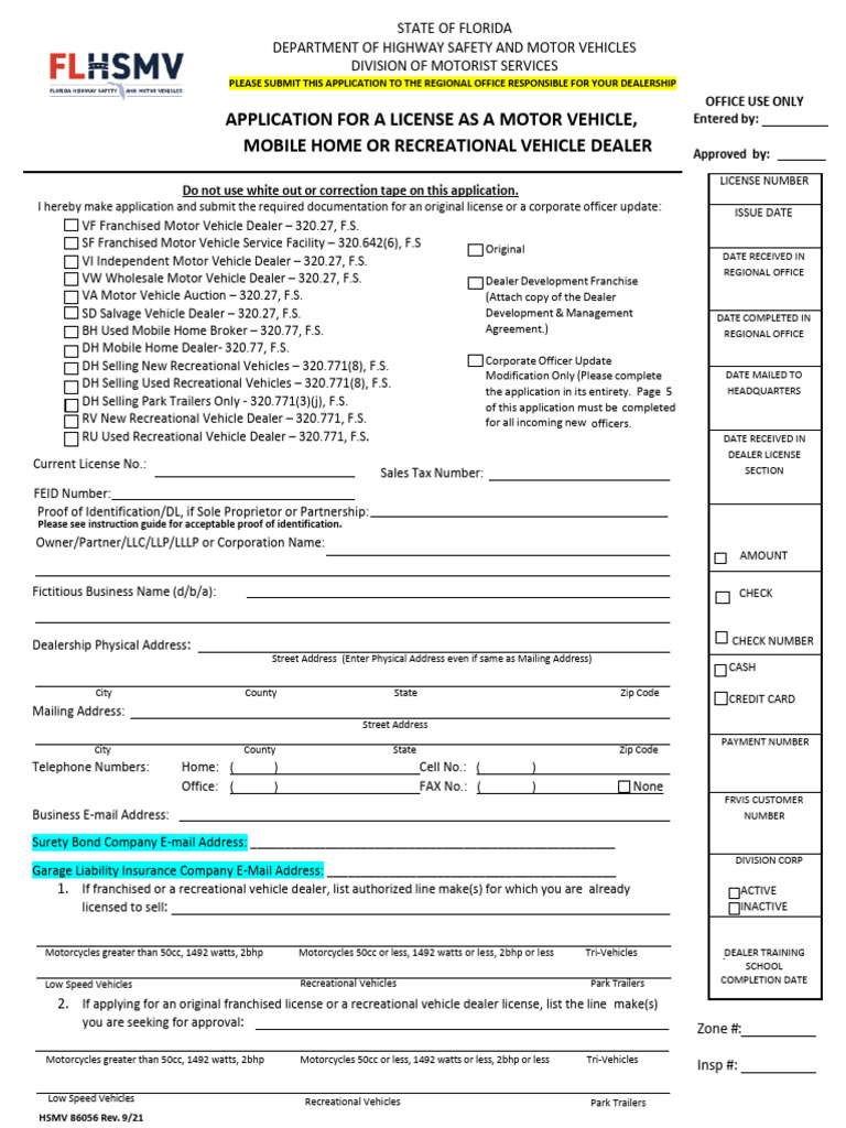 Application For A License As A Motor Vehicle, Mobile Home or ...