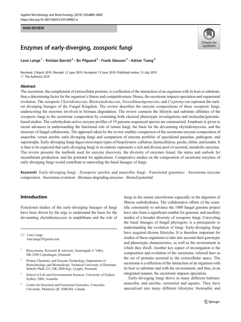 2019lange - Enzymes of Early Diverging Zoosporic Fungi | PDF | Fungus ...