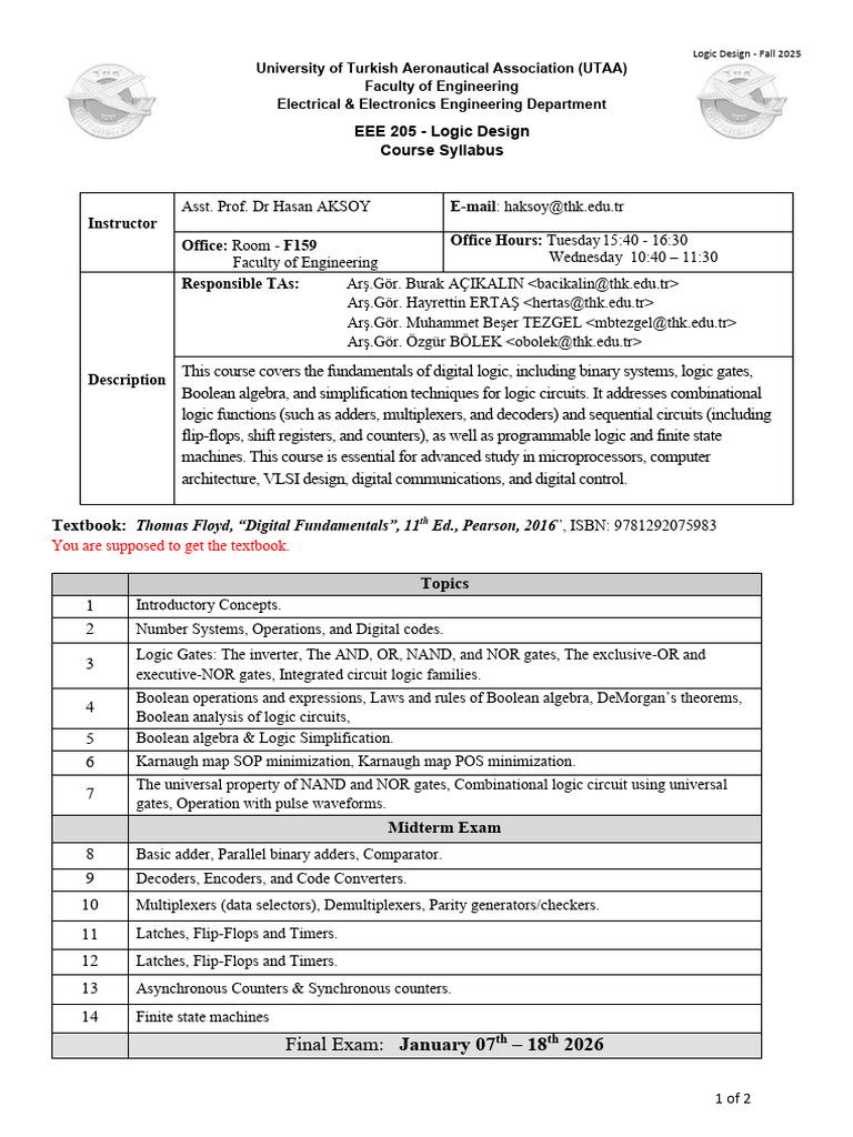 EEE205 Logic Design Syllabus - Fall 2025 | PDF | Logic Gate ...
