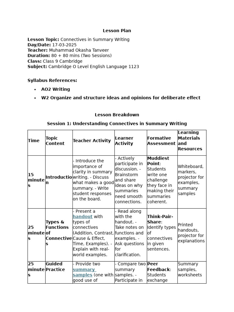 Lesson Plan - Use of Connectives in Summary Writng | PDF | Learning ...