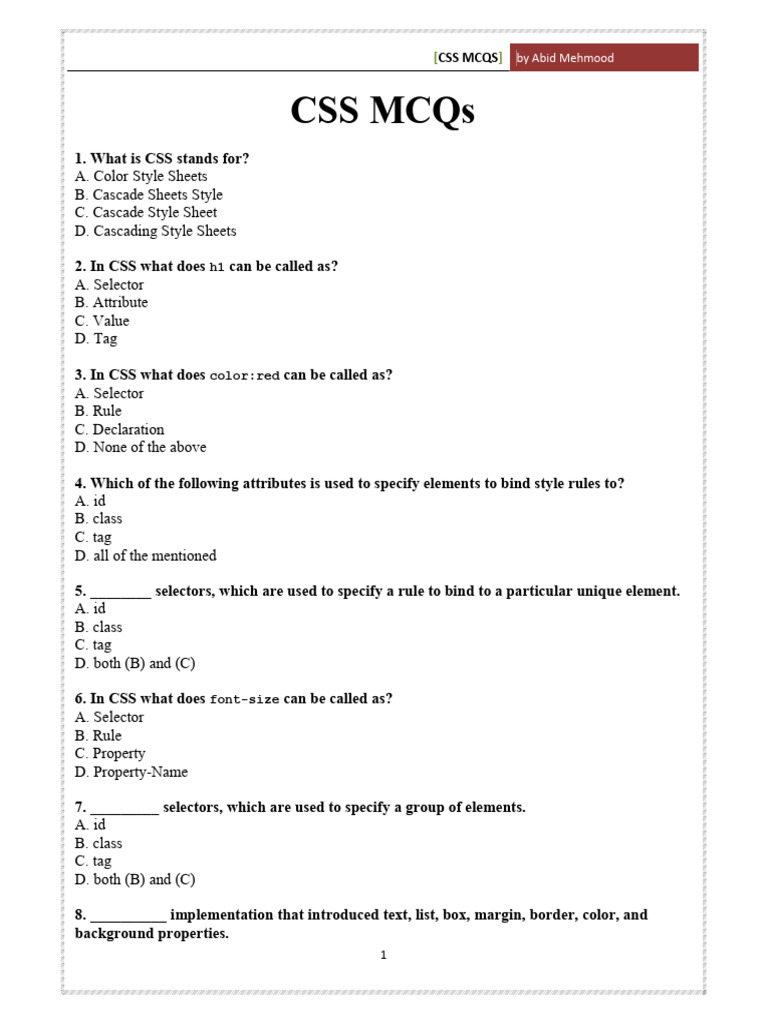 CSS Mcqs | PDF | Html Element | Computing
