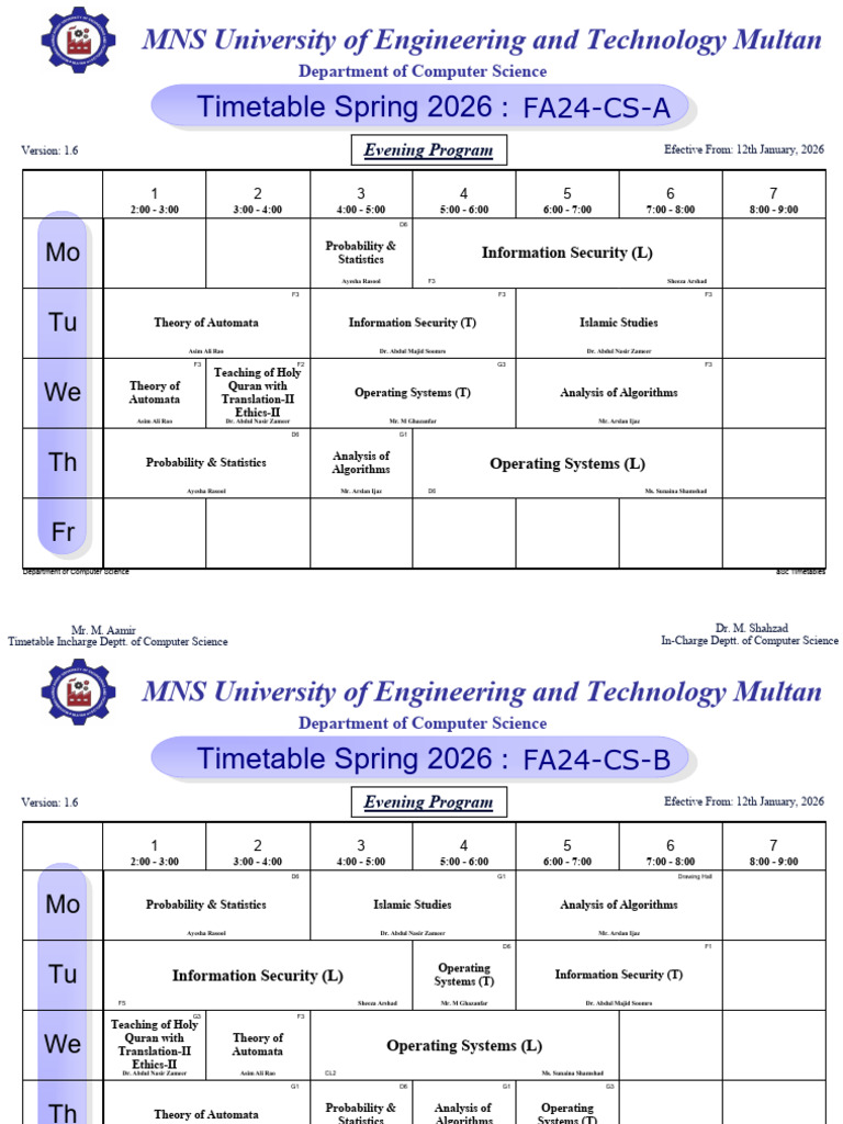 Evening Timetable Spring 2026 V1.6 | PDF | Computing | Computer Science