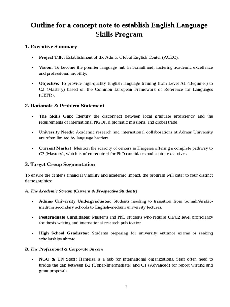 Outline For A Concept Note To Establish English Language Skills Program ...