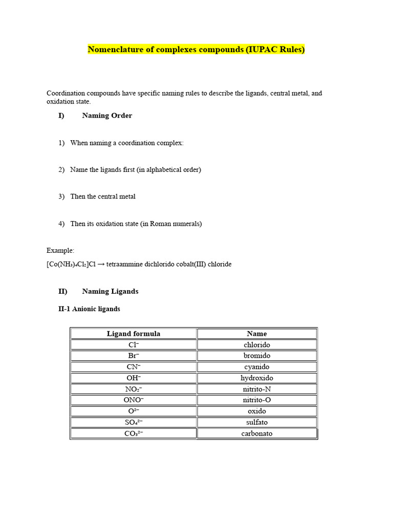 Nomenclature of Complexes Compounds | PDF | Ligand | Coordination Complex