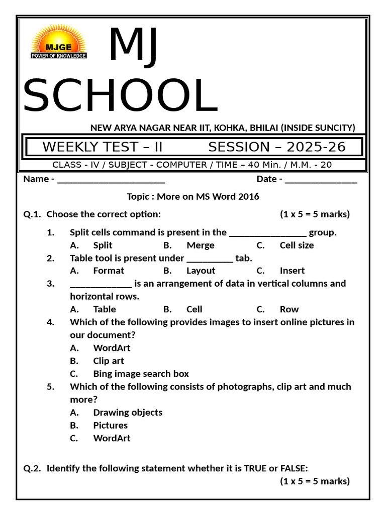 Weekly Test 2 Computer Class 4 | PDF